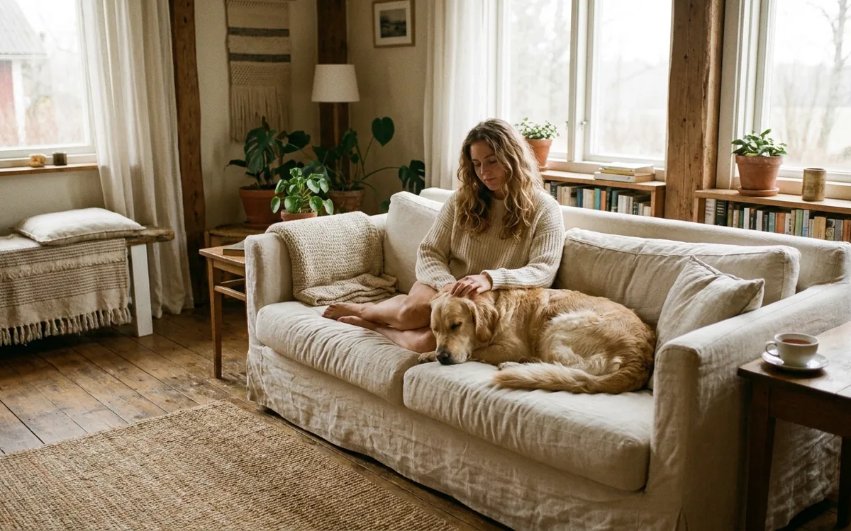 A person holding their pet close at home in warm afternoon light
